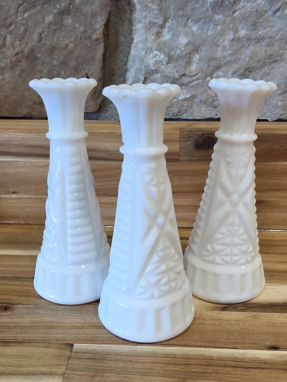 Vintage Anchor Hocking Milk Glass Bud Vases - Stars & Bars Set of 3